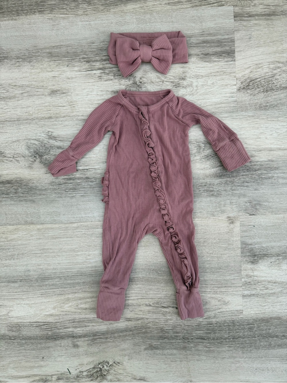 Little Sleepies Mauve Ribbed Ruffle Footie with Matching Headband